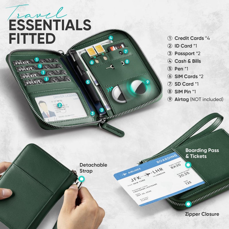 VULKIT Passport Holder for Travel with Airtag Slot, Premium Nappa Leather, RFID Blocking, Zipper Closure with Wrist Strap, Travel Document Organizer - Image 3