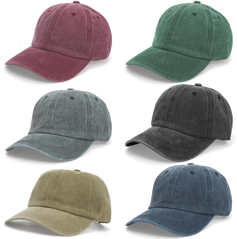 WRINGKIT 6 Pieces Washed Plain Baseball Cap, Unisex Vintage Cotton Baseball Cap, Distressed Twill Adjustable Golf Dad Hat, Retro Unstructured Baseball Hat for Men, Women, Grey, Green, Kaki, Red, Blue - Image 1