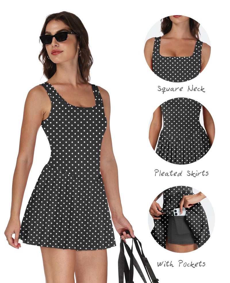 NIASHOT Womens Tennis Dress Pleated Skirt Athletic Dress for Women with Shorts Vacation Dresses Graduation Spring Dresses 2026 Black Dots M - Image 3