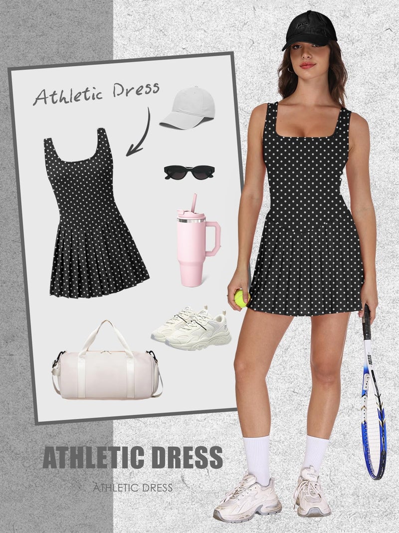 NIASHOT Womens Tennis Dress Pleated Skirt Athletic Dress for Women with Shorts Vacation Dresses Graduation Spring Dresses 2026 Black Dots M - Image 4