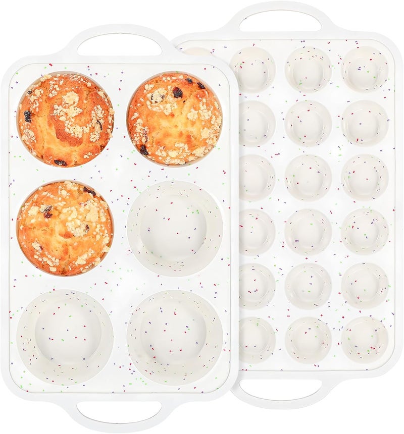 Fimary Silicone Muffin Pan with Metal Reinforced Frame - Mini Muffin Pan for Homemade Muffins, Cupcakes, and Bread, Oven and Dishwasher Safe - Set of 2, 6-Cup and 24-Cup - Image 1