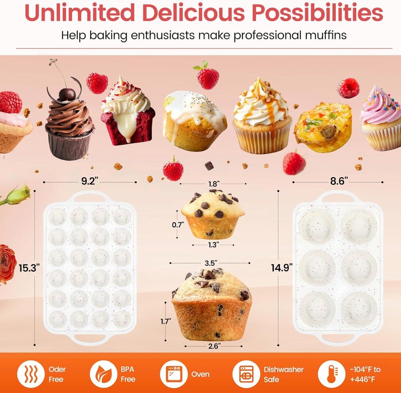 Fimary Silicone Muffin Pan with Metal Reinforced Frame - Mini Muffin Pan for Homemade Muffins, Cupcakes, and Bread, Oven and Dishwasher Safe - Set of 2, 6-Cup and 24-Cup - Image 2