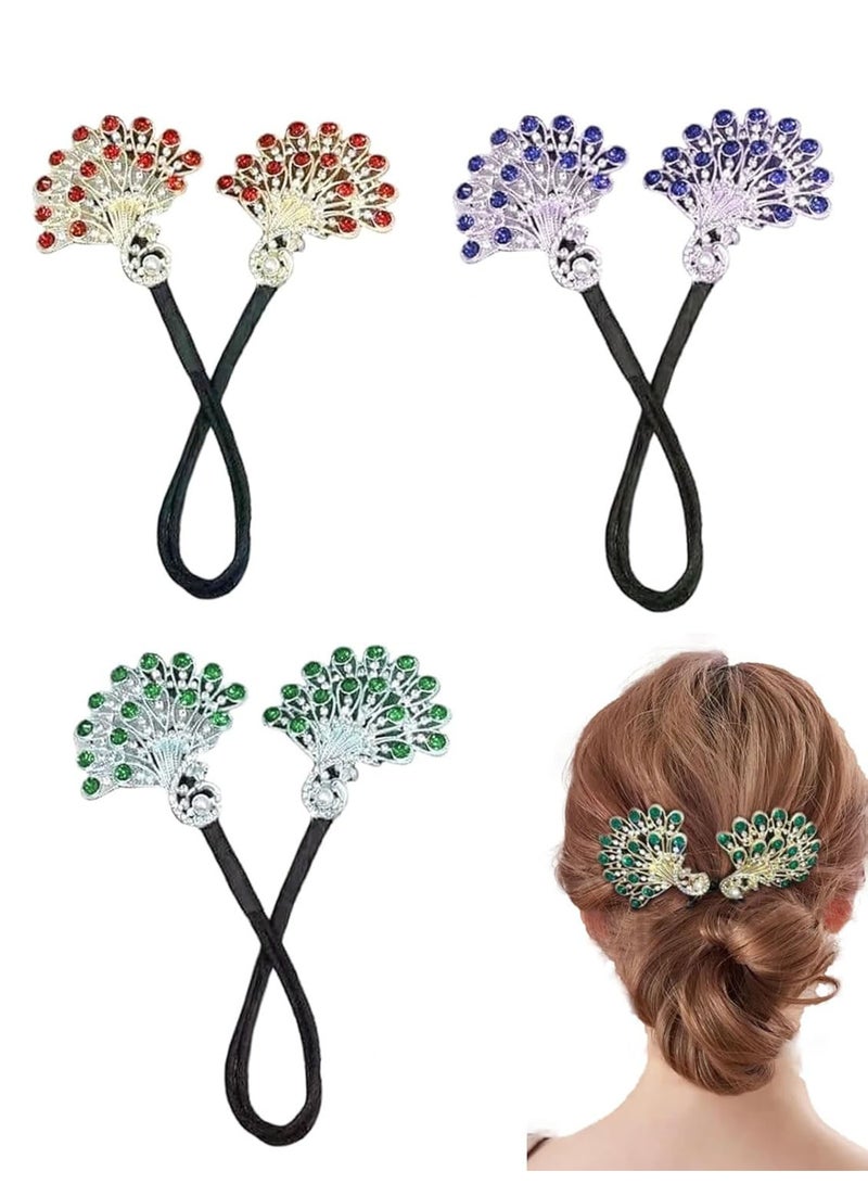 3 قطع من أدوات صنع كعكة الشعر الكريستالية على شكل طاووس، أداة لف الشعر العصرية، مشابك شعر مرصعة بأحجار الراين، أداة سهلة وسريعة لتصفيف الشعر للنساء والفتيات - Image 1