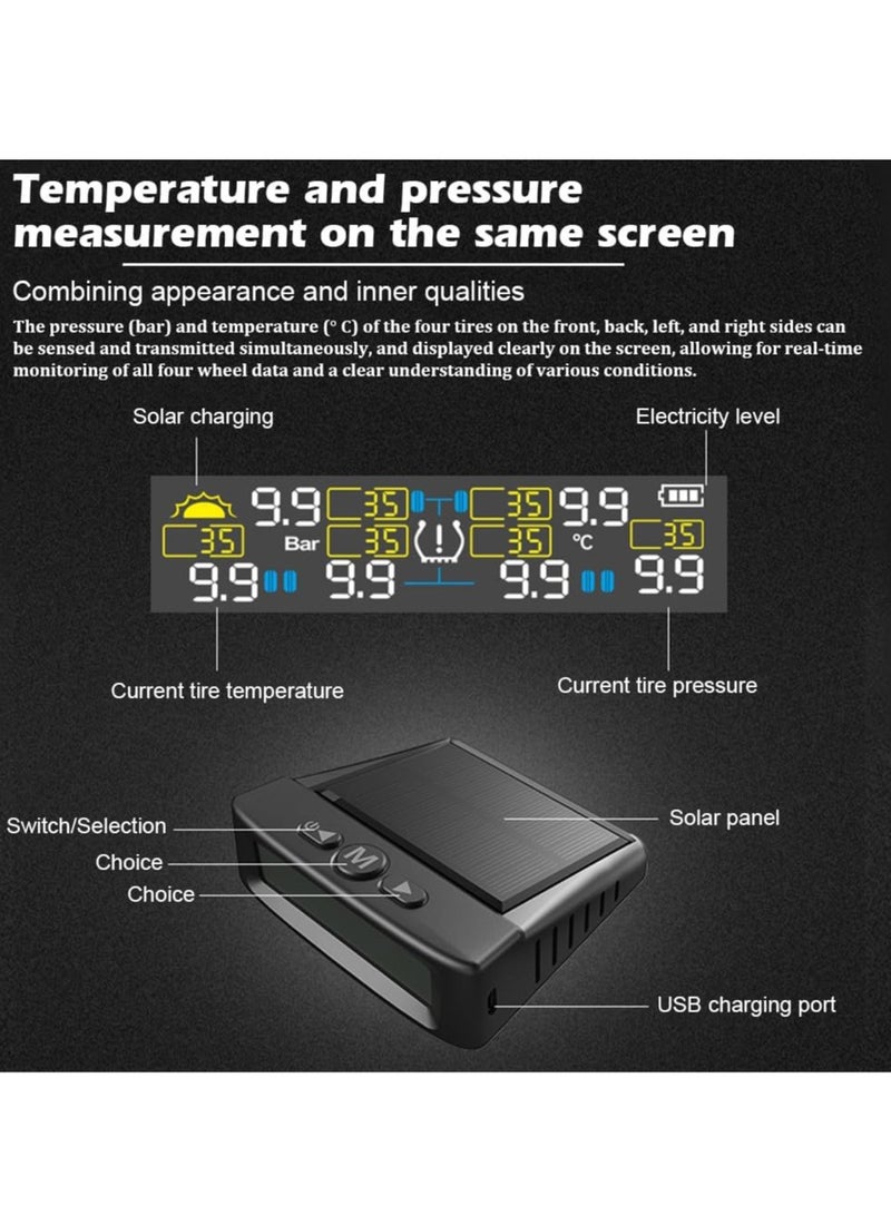 نظام مراقبة ضغط الإطارات، شاشة شمسية لاسلكية مع ستة أجهزة استشعار للإطارات، شاشة متينة طويلة الأمد لضغط الإطارات مع شاشة LCD وأربعة أوضاع إنذار، (قطعة واحدة، أسود) - Image 3