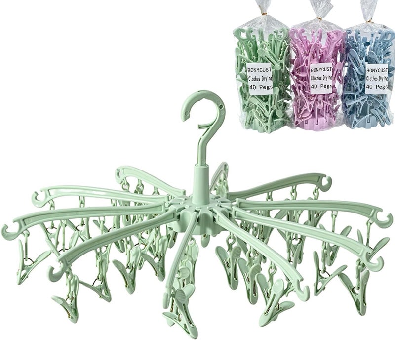 BONYCUST Foldable Drying Rack with 40 Clips for Drying Socks Lingerie Baby Clothes Drying Towels Rotatable Sock Drying Rack (Green) - Image 1
