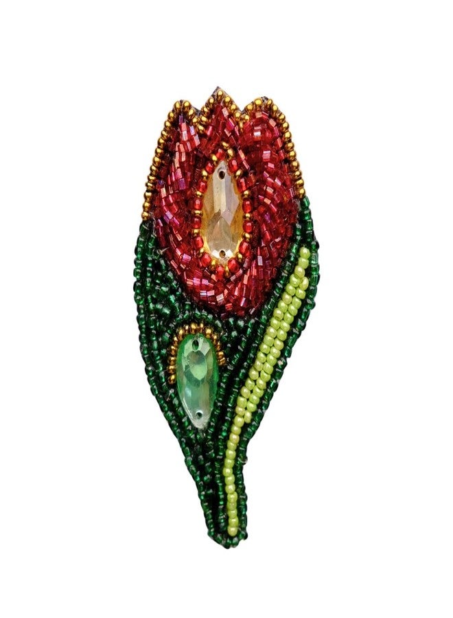 Abeo Handmade Beaded Red Tulip Brooch, 5-6 cm, Red and Green Floral Design for Saree and Clothing - Image 2