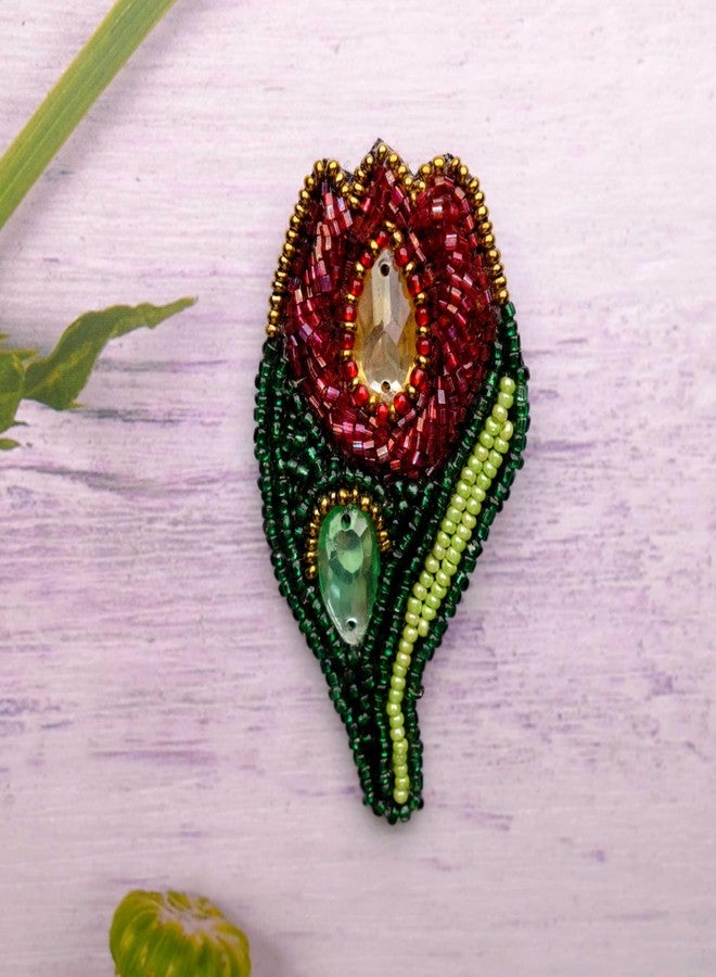 Abeo Handmade Beaded Red Tulip Brooch, 5-6 cm, Red and Green Floral Design for Saree and Clothing - Image 3