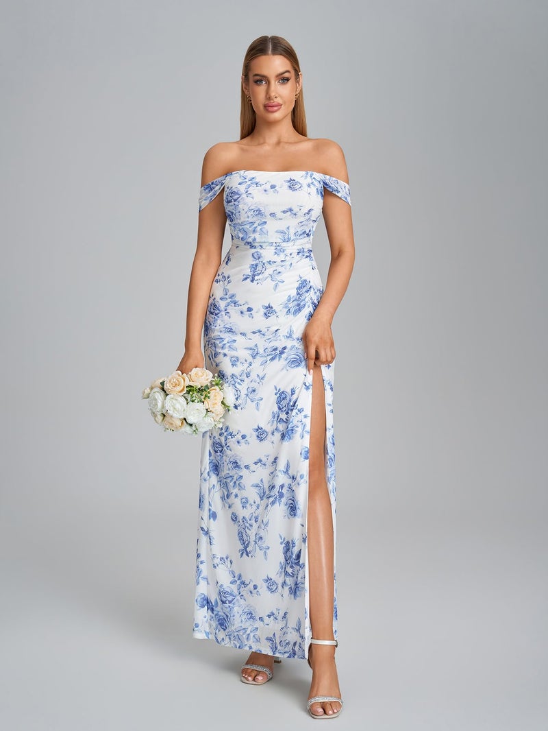 HTZMO Off The Shoulder Wedding Guest Floral Maxi Dress Back Bow Tie Split Ruched Bodycon Formal Long Dresses for Women BlueFloral M - Image 4