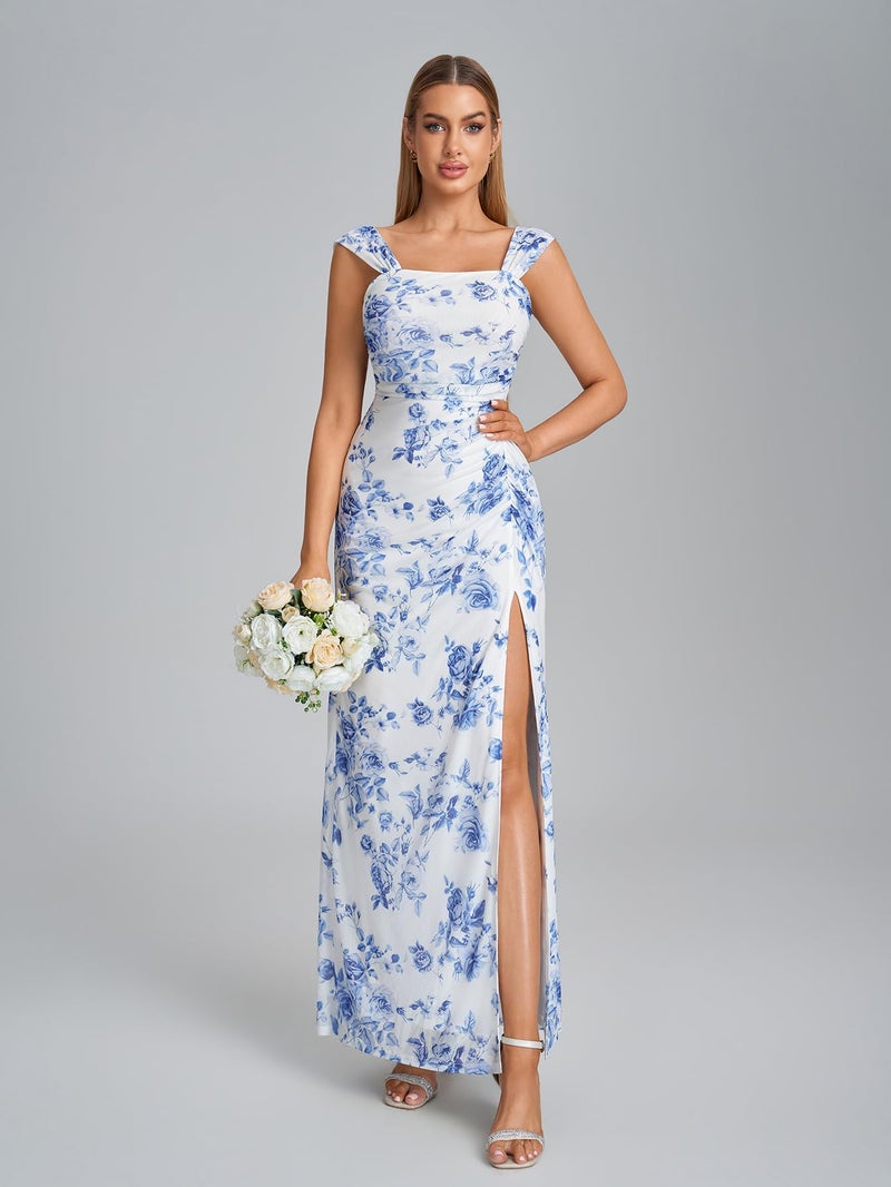 HTZMO Off The Shoulder Wedding Guest Floral Maxi Dress Back Bow Tie Split Ruched Bodycon Formal Long Dresses for Women BlueFloral M - Image 3
