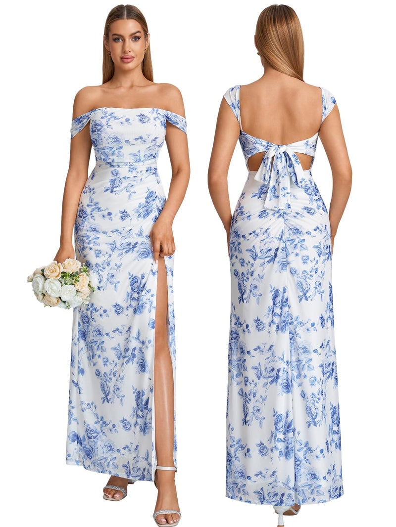 HTZMO Off The Shoulder Wedding Guest Floral Maxi Dress Back Bow Tie Split Ruched Bodycon Formal Long Dresses for Women BlueFloral M - Image 1