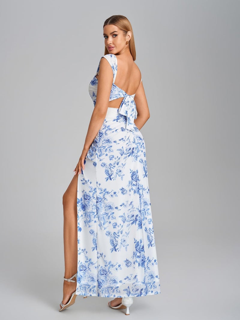 HTZMO Off The Shoulder Wedding Guest Floral Maxi Dress Back Bow Tie Split Ruched Bodycon Formal Long Dresses for Women BlueFloral M - Image 5