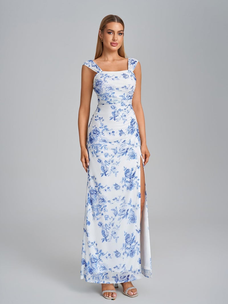 HTZMO Off The Shoulder Wedding Guest Floral Maxi Dress Back Bow Tie Split Ruched Bodycon Formal Long Dresses for Women BlueFloral M - Image 2