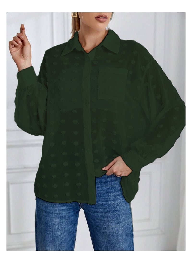 SunSet - SUNSET Essnce Ladies Chiffon Mini Dot Mesh with pocket Blouse - Image 1