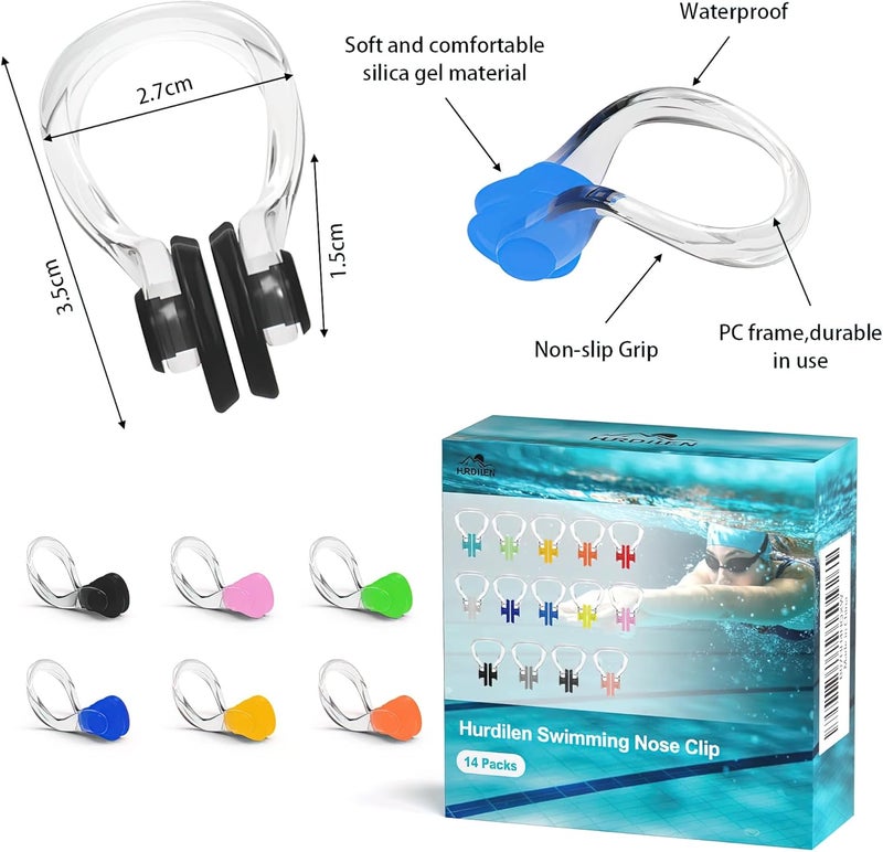 Hurdilen Swimming Nose Clip, 14 Packs Swim Nose Plugs with Waterproof Silica Gel for Kids (Age 7+) and Adults, Multi-Color - Image 2