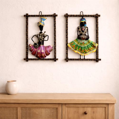 CraftVatika Metal Wall Decor, Home Wall Decoration Items for Living Room, Musician Rajasthani Wall Hanging Decorations, Wedding Anniversary Return Gift for Women Bride, Set of 2 (10.6 Inches Height) - Image 1