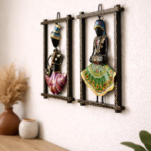 CraftVatika Metal Wall Decor, Home Wall Decoration Items for Living Room, Musician Rajasthani Wall Hanging Decorations, Wedding Anniversary Return Gift for Women Bride, Set of 2 (10.6 Inches Height) - Image 3