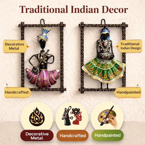 CraftVatika Metal Wall Decor, Home Wall Decoration Items for Living Room, Musician Rajasthani Wall Hanging Decorations, Wedding Anniversary Return Gift for Women Bride, Set of 2 (10.6 Inches Height) - Image 2