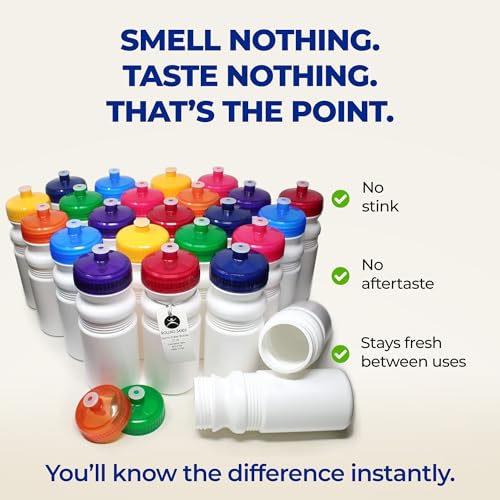 Rolling Sands Reusable Bulk Water Bottles 24 Pack - 20 Oz Sports Water Bottles, USA Made, BPA-Free, Wide Mouth for Easy Cleaning, Dishwasher Safe, Break Resistant - White Bottle/Purple Lid - Image 3