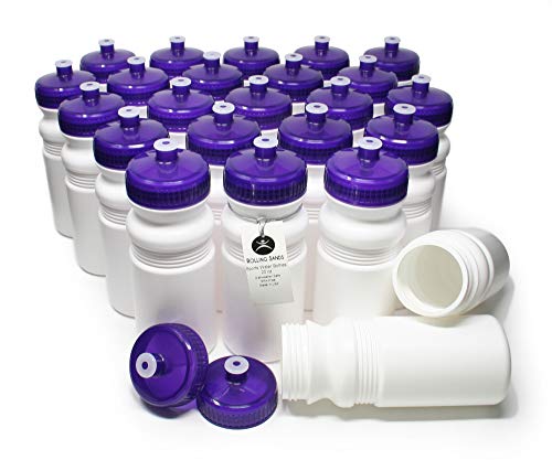 Rolling Sands Reusable Bulk Water Bottles 24 Pack - 20 Oz Sports Water Bottles, USA Made, BPA-Free, Wide Mouth for Easy Cleaning, Dishwasher Safe, Break Resistant - White Bottle/Purple Lid - Image 1