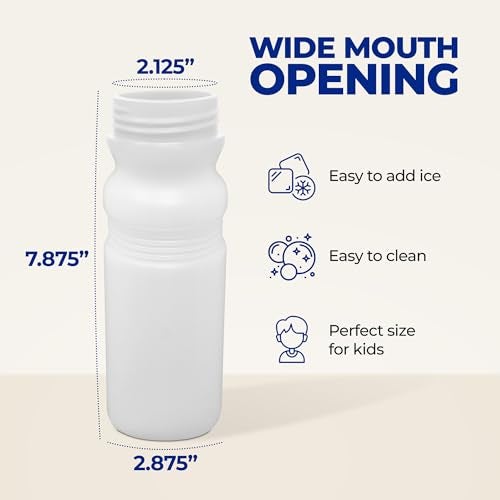 Rolling Sands Reusable Bulk Water Bottles 24 Pack - 20 Oz Sports Water Bottles, USA Made, BPA-Free, Wide Mouth for Easy Cleaning, Dishwasher Safe, Break Resistant - White Bottle/Purple Lid - Image 5