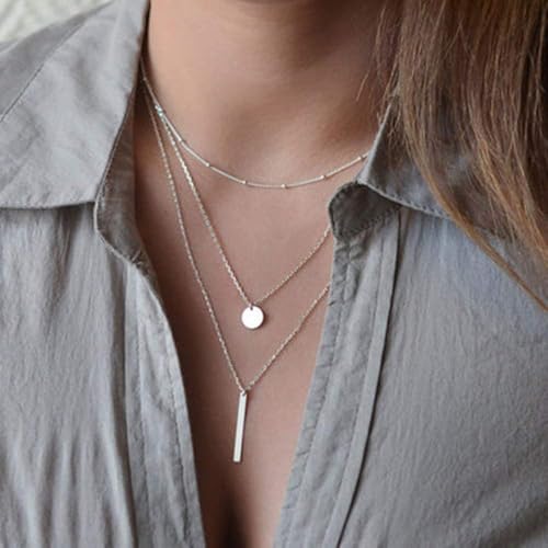 fxmimior Multilayer Necklace 3 Tier Pendant Long Chain Women Accessories(silver) - Image 3