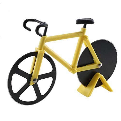 Kookee Pizza Cutter and Slicer for Kitchen and Party, Bicycle with Display Stand and Non-Stick Dual Stainless Steel Wheels (Yellow) - Image 2