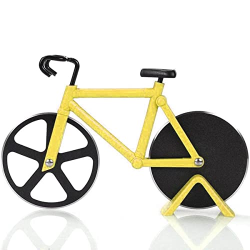 Kookee Pizza Cutter and Slicer for Kitchen and Party, Bicycle with Display Stand and Non-Stick Dual Stainless Steel Wheels (Yellow) - Image 3