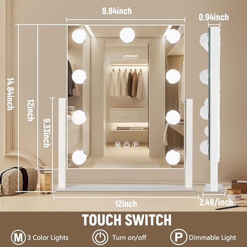 Ratsamee Hollywood Vanity Mirror with Lights, 12" x 14", 9 Dimmable Bulbs, 3 Color Lights, Make Up Lighted Mirror, 10x Magnification 360°Rotation White - Image 3