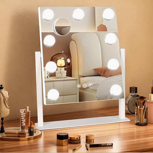Ratsamee Hollywood Vanity Mirror with Lights, 12" x 14", 9 Dimmable Bulbs, 3 Color Lights, Make Up Lighted Mirror, 10x Magnification 360°Rotation White - Image 1