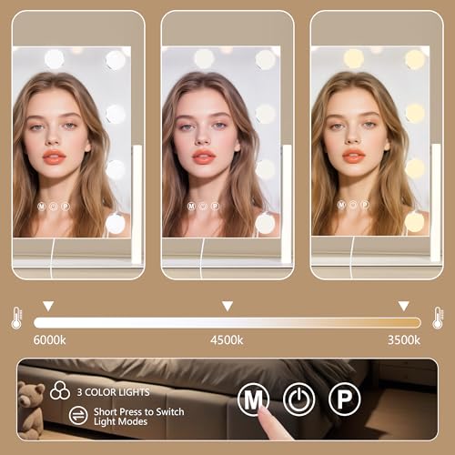 Ratsamee Hollywood Vanity Mirror with Lights, 12" x 14", 9 Dimmable Bulbs, 3 Color Lights, Make Up Lighted Mirror, 10x Magnification 360°Rotation White - Image 4