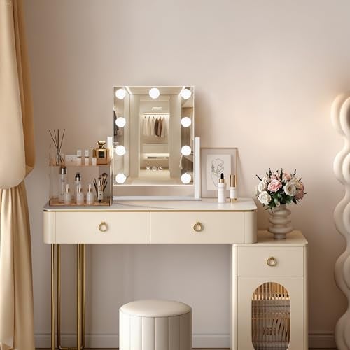 Ratsamee Hollywood Vanity Mirror with Lights, 12" x 14", 9 Dimmable Bulbs, 3 Color Lights, Make Up Lighted Mirror, 10x Magnification 360°Rotation White - Image 2