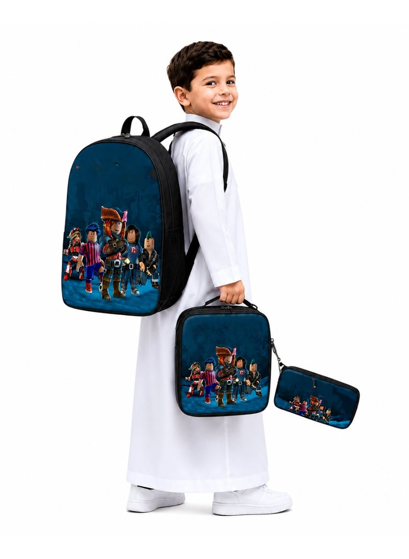 A uniquely designed school backpack set for children, consisting of 3 pieces (backpack + pencil case + lunch bag), suitable for elementary school students and children aged 5 to 10 years, for daily use and school. - Image 1