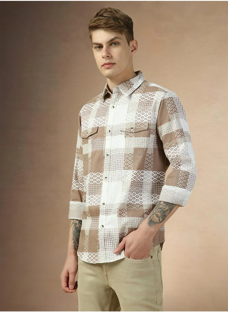 Dennis Lingo Men's Brown 100% Cotton Checkered Regular Fit Shirt