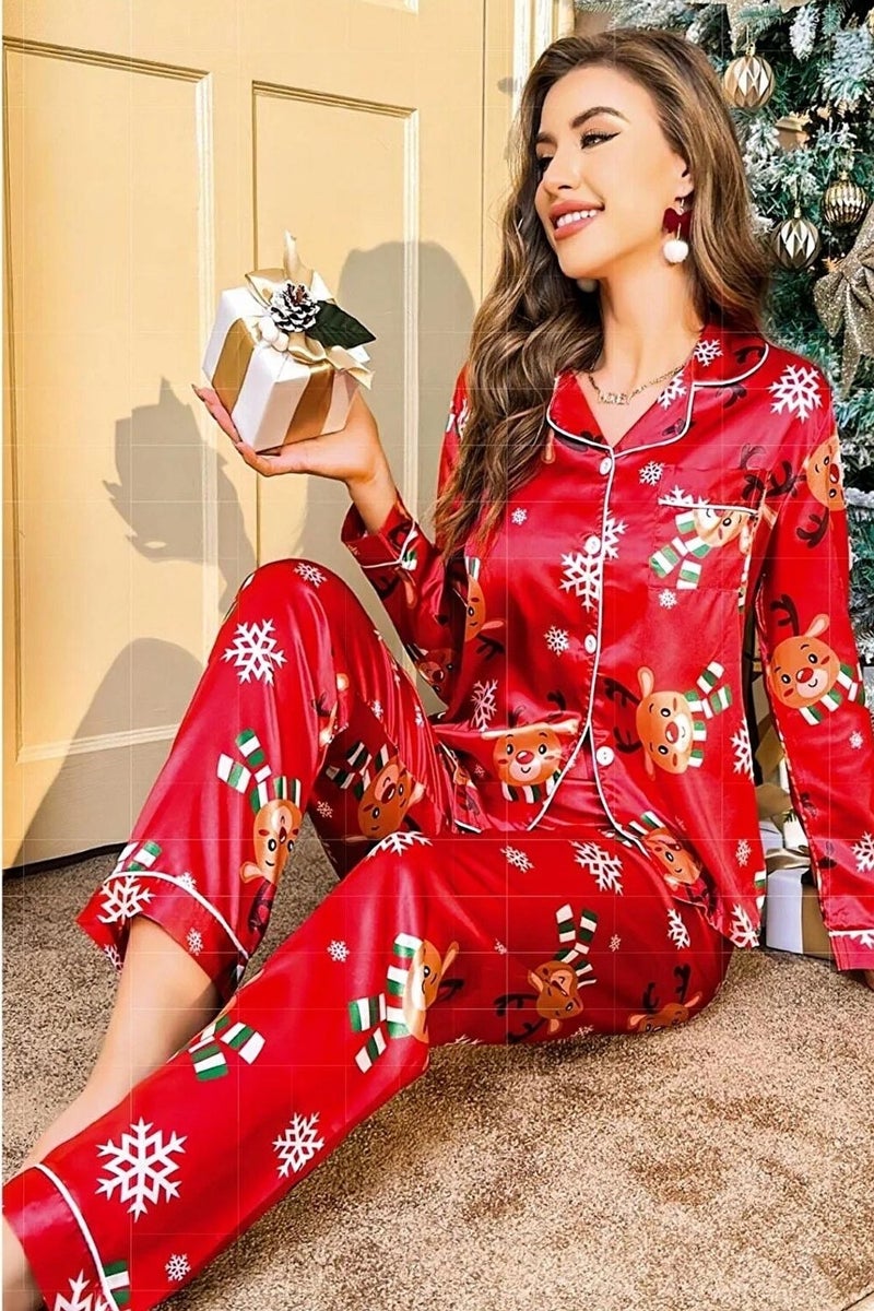 NILAY 5005 Women's New Year's Special Satin Front Buttoned Pajama Set - Red - Image 1