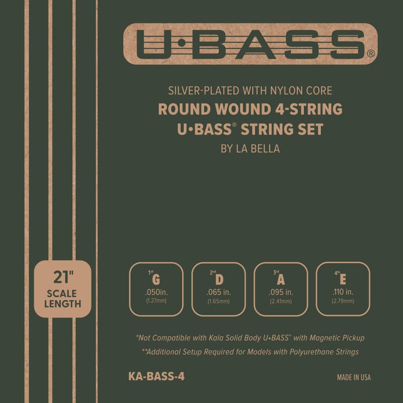 Kala Silver-Plated Nylon Core Round Wound U•BASS® 4-String Set by Kala, Warm Booming Tone, Lower Tension for Smooth Playability, Not for Solid Body - Image 1