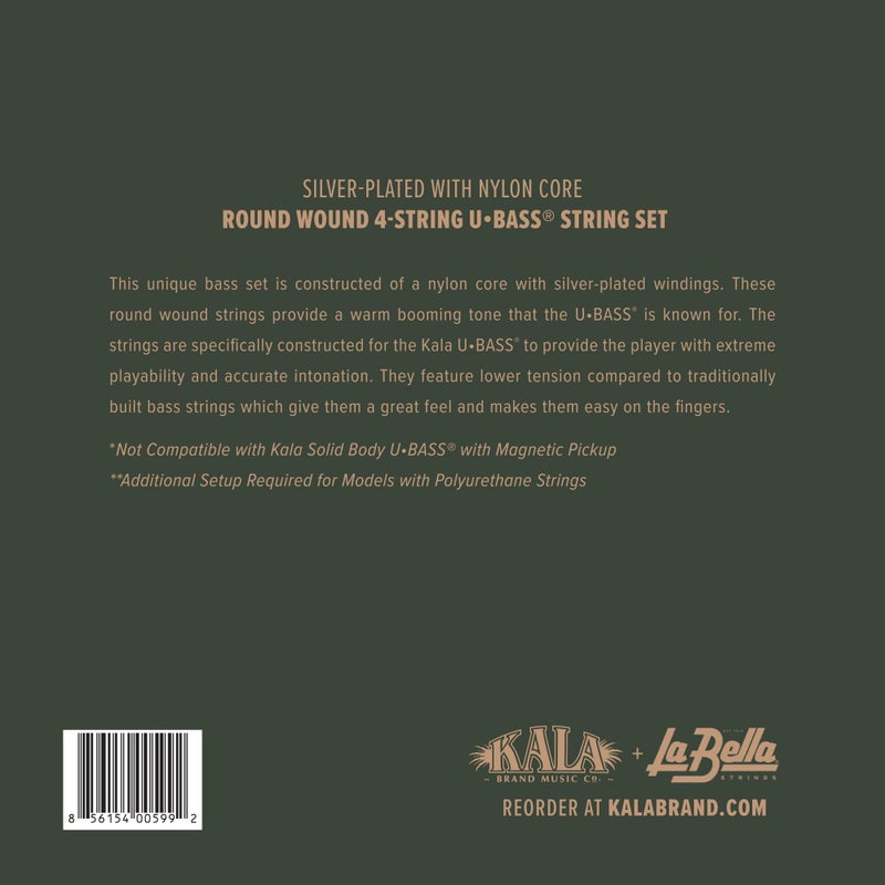 Kala Silver-Plated Nylon Core Round Wound U•BASS® 4-String Set by Kala, Warm Booming Tone, Lower Tension for Smooth Playability, Not for Solid Body - Image 2