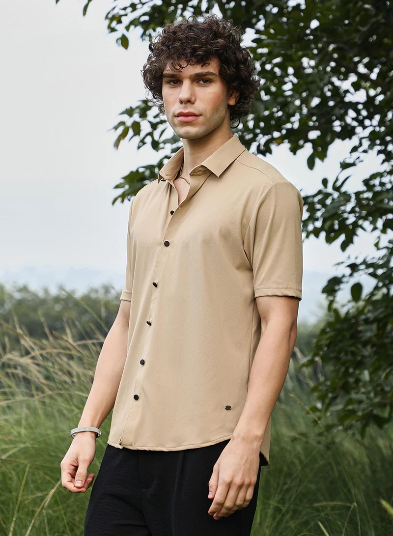 CAHOOT  Men's Buff Beige Solid Knit Shirt for Men | Best Price UAE