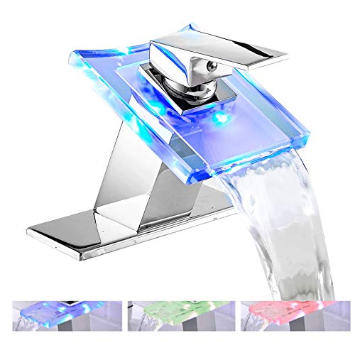Chiczam Bathroom Sink Faucet LED Light 3 Colors Changing Waterfall Glass Spout Hot Cold Water Mixer Single Handle One Hole Deck Mounted Bathroom Faucet Chrome Lavatory Vanity Basin Bath Plumbing Fixtures - Image 1