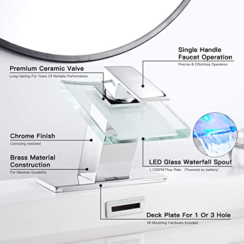 Chiczam Bathroom Sink Faucet LED Light 3 Colors Changing Waterfall Glass Spout Hot Cold Water Mixer Single Handle One Hole Deck Mounted Bathroom Faucet Chrome Lavatory Vanity Basin Bath Plumbing Fixtures - Image 4