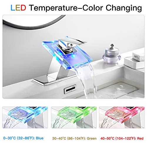Chiczam Bathroom Sink Faucet LED Light 3 Colors Changing Waterfall Glass Spout Hot Cold Water Mixer Single Handle One Hole Deck Mounted Bathroom Faucet Chrome Lavatory Vanity Basin Bath Plumbing Fixtures - Image 5