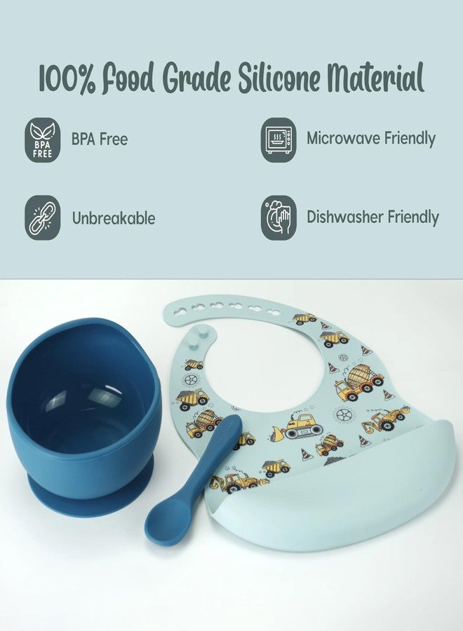 StarKiddo®Smart Silicone Suction Bowl & Spoon with Adjustable Printed Bib and Weaning Spoon | BPA Free Non-Toxic | Baby-Led Weaning Supplies for Toddler Self-Feeding (Blue) - Image 2