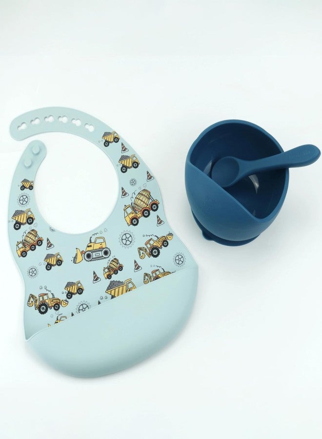 StarKiddo®Smart Silicone Suction Bowl & Spoon with Adjustable Printed Bib and Weaning Spoon | BPA Free Non-Toxic | Baby-Led Weaning Supplies for Toddler Self-Feeding (Blue) - Image 1