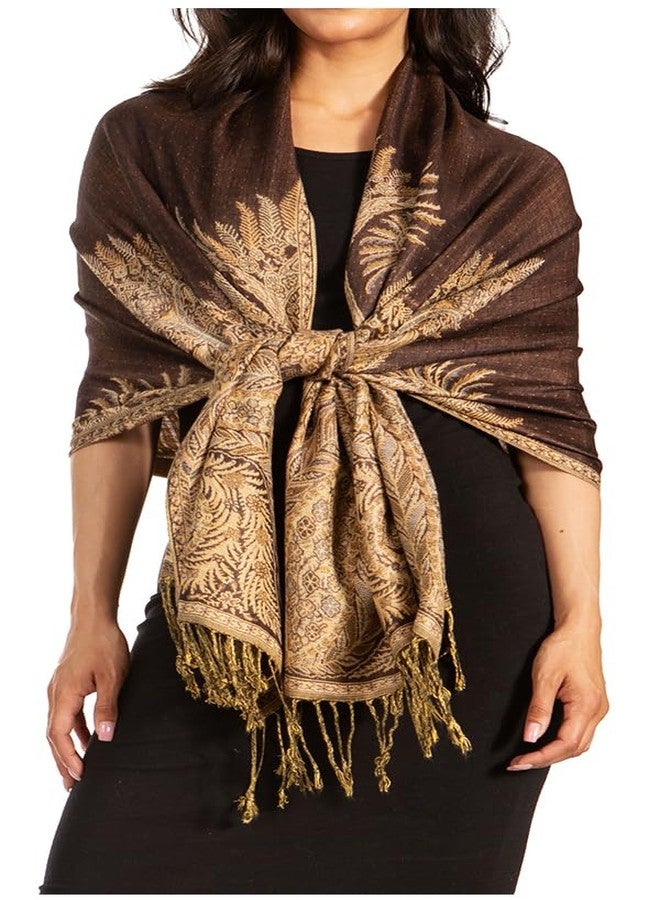 Sakkas Luxurious Double Layered Jacquard Big Paisley Pashmina Shawl Wrap Scarf - Chocolate - Image 1
