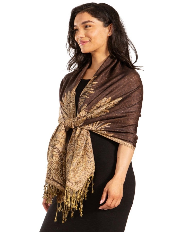 Sakkas Luxurious Double Layered Jacquard Big Paisley Pashmina Shawl Wrap Scarf - Chocolate - Image 3