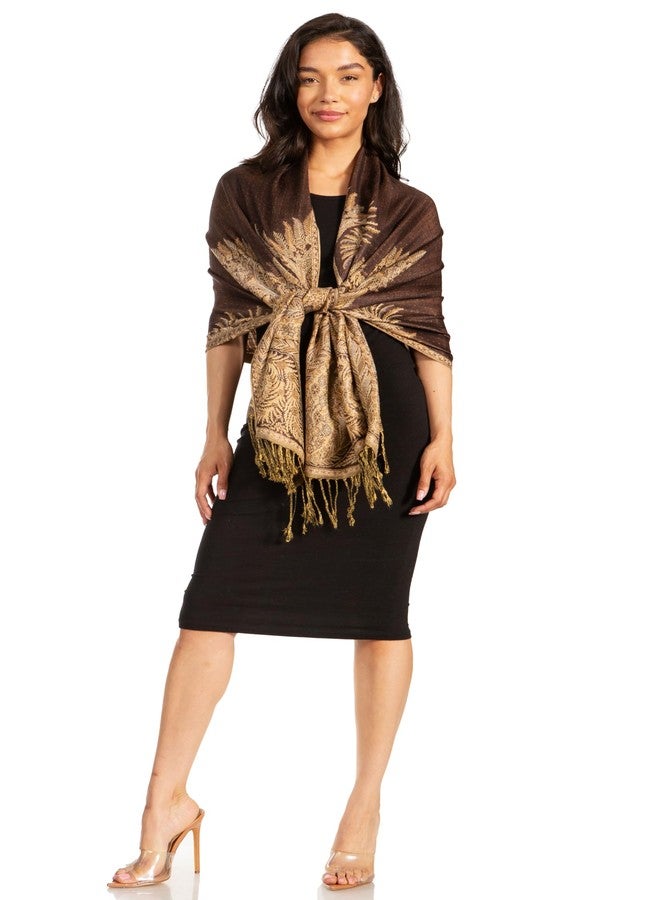 Sakkas Luxurious Double Layered Jacquard Big Paisley Pashmina Shawl Wrap Scarf - Chocolate - Image 5