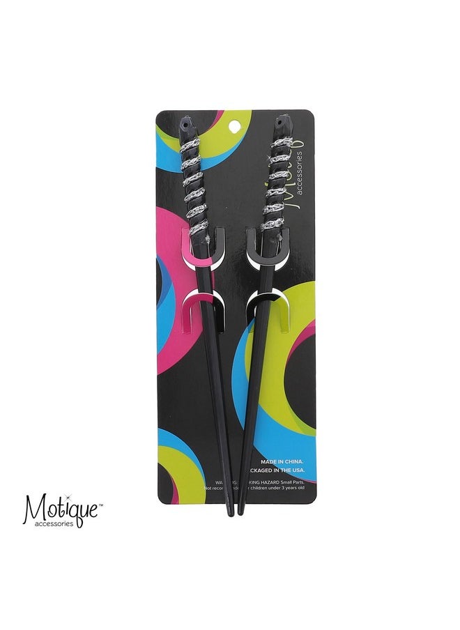 Motique Accessories Two Plastic Hair Sticks with Silver Swirl for Women- Black  - Image 3