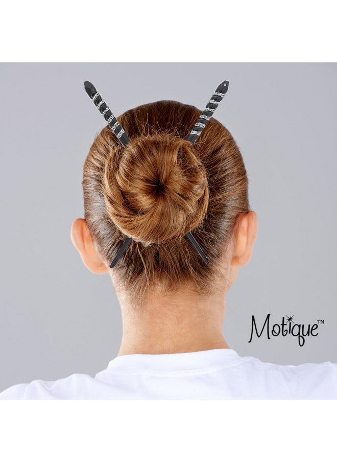 Motique Accessories Two Plastic Hair Sticks with Silver Swirl for Women- Black  - Image 2