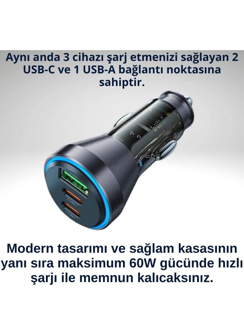 Polham - Hc 60W Car Fast Charger with 2x Type-C, 1x USB Port and 1m Type-C to iPhone Lightning Cable - Image 1