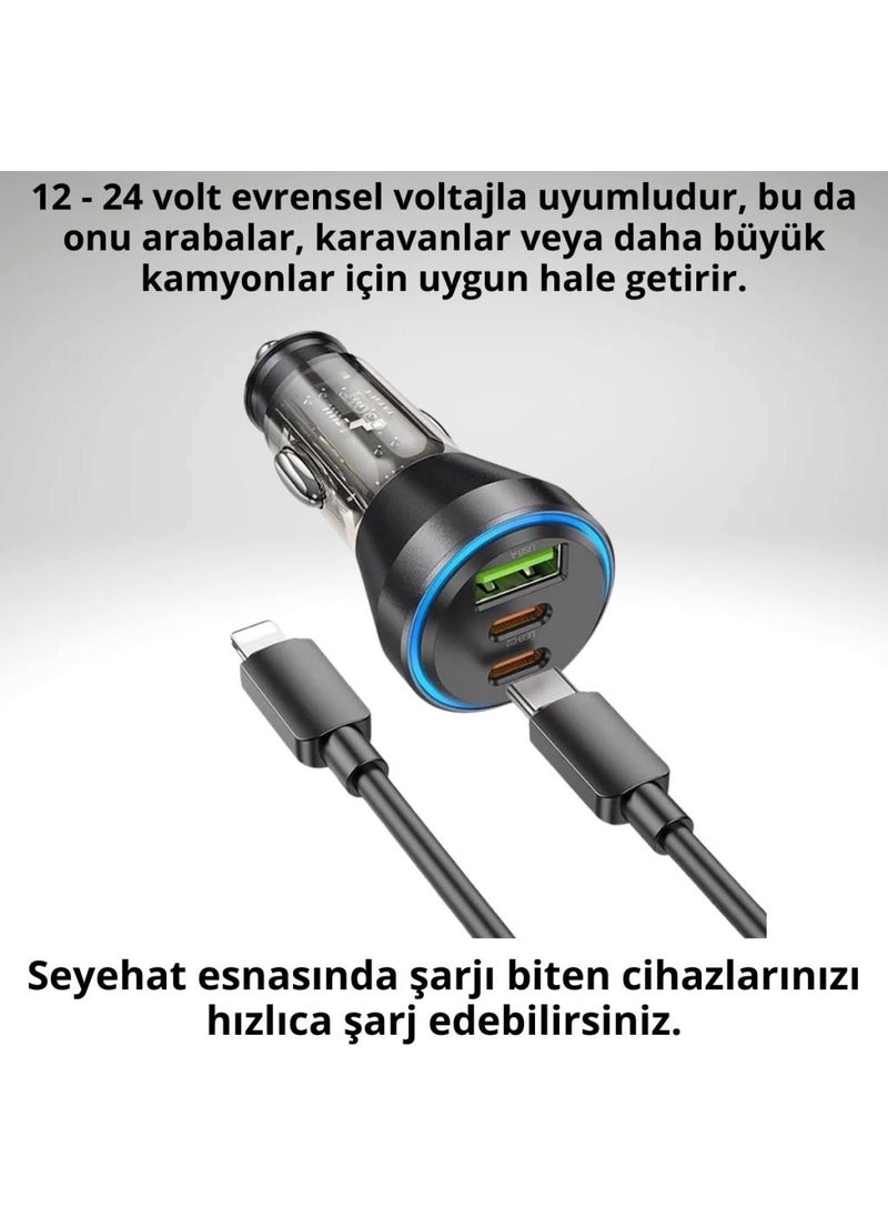 Polham - Hc 60W Car Fast Charger with 2x Type-C, 1x USB Port and 1m Type-C to iPhone Lightning Cable - Image 1