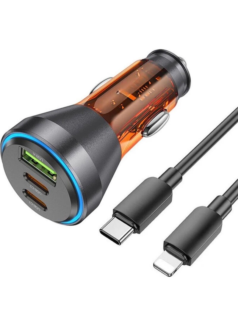 Polham - Hc 60W Car Fast Charger with 2x Type-C, 1x USB Port and 1m Type-C to iPhone Lightning Cable - Image 1
